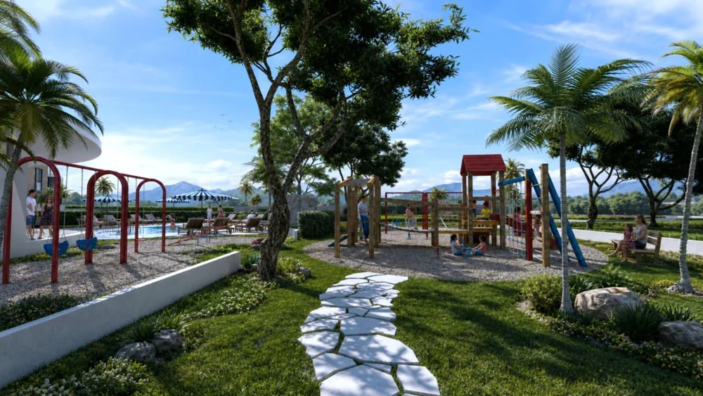 Parque infantil con juegos trepadores y columpios