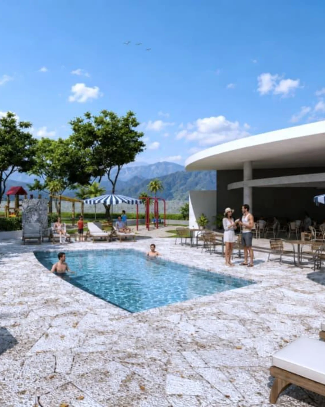 Piscina y terraza social del club house de Shaddai-Jireh Residencial