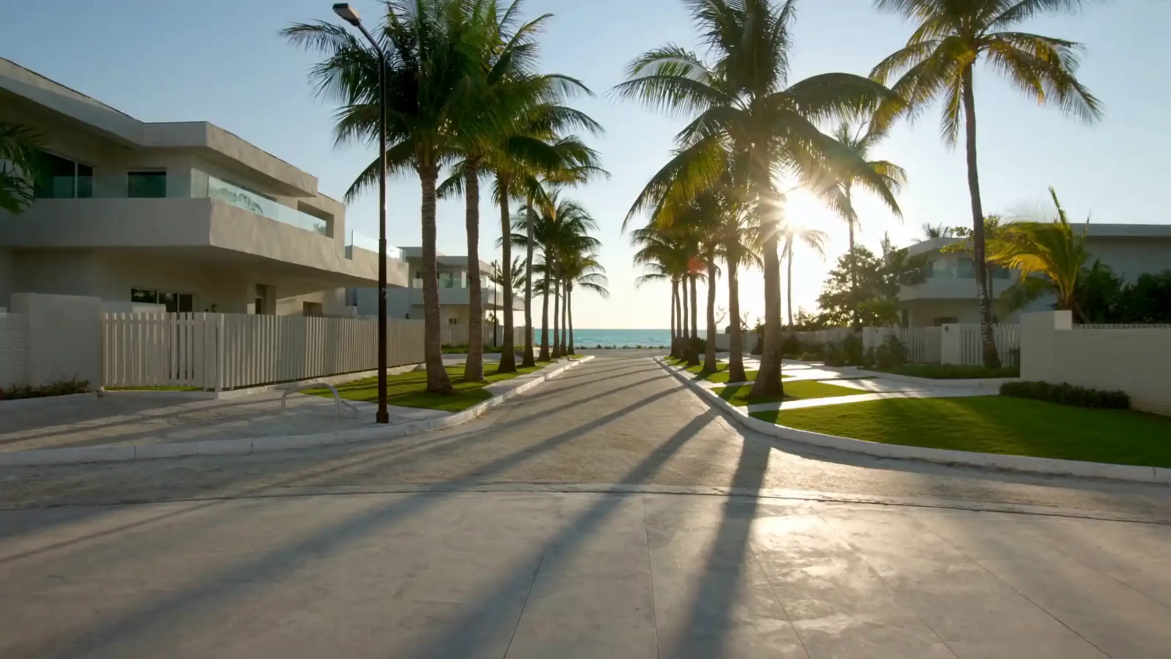 Bulevar de palmeras entre villas blancas, con el mar al final de la calle